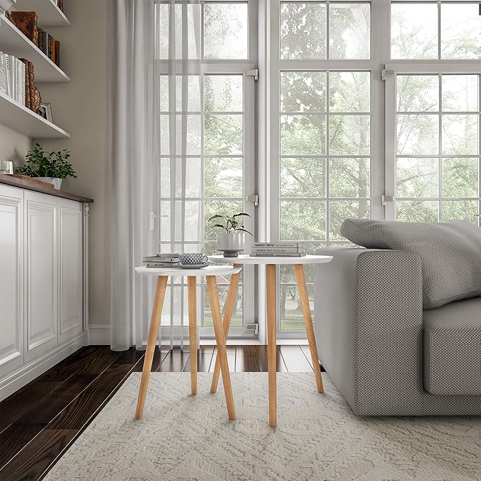 Nesting Side Tables - Set of 2 Round End Tables for Living Room, Bedroom, or Home Office - Accent Table Set - Mid-Century Modern Living Room Furniture by Lavish Home (White/Natural)