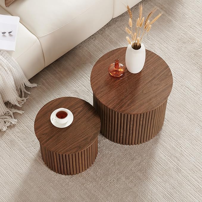 Small Fluted Round Nesting Coffee Table Set of 2, Mid Century Modern Coffee Table Circle Side Table, Wood Nesting Table Farmhouse End Tables Set for Living Room, Bedroom, Small Spaces(Walnut