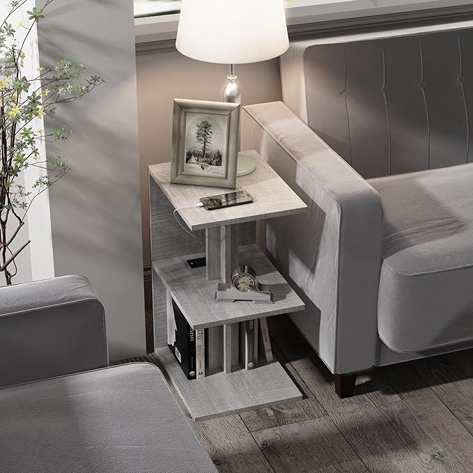 2 Packs Night Stand with Charging Station, Small Side Table for Couch, USB Ports and Outlet, End Table with 3-Layer Storage Shelves for Small Spaces, Living Room, Bedroom, Bedside (Gray)