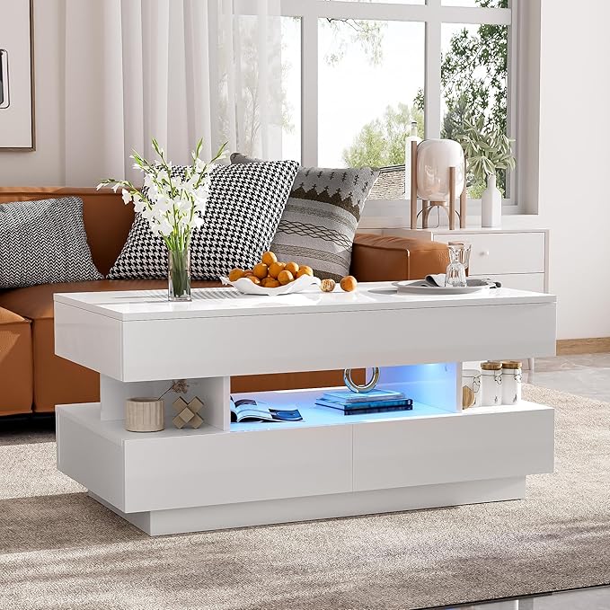 Lift Top Coffee Table with 2 Drawers and LED Lights, Modern 39.3" Rectangular High-Gloss Center Table Cocktail Tea Table with Lift-Top and Hidden Space for Living Room Apartment White