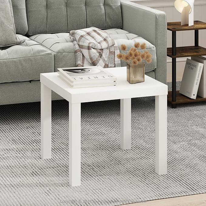 Furinno Classic Coffee Table, Square Modern Coffee Table with 1.8" Thick Tabletop, Side Table with 4 Legs, for Living Room, Bedroom, Home Office, White