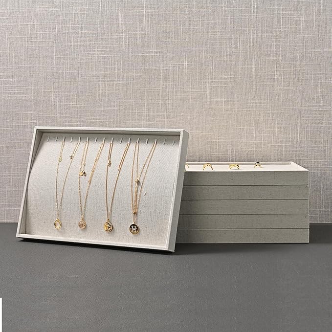 Linen Jewelry Trays 16 Slots Necklace Bracelet Display Tray Jewelry Drawer Organizer Necklace Bracelets Watch Storage Holder (Beige)