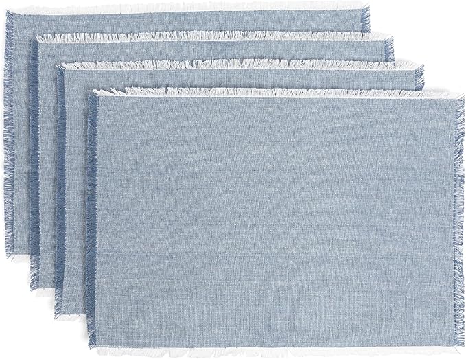 Over&Back Set of 4 Woven Frayed Chambray Placemats - Colorful Dining Table Mat - Hand-Finished Frayed Edges - 100% Cotton - Machine Washable - Kitchen and Home Decor - Blue - 14" L X 20" W