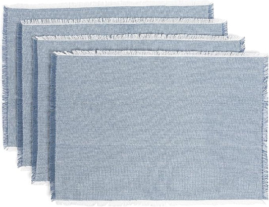 Over&Back Set of 4 Woven Frayed Chambray Placemats - Colorful Dining Table Mat - Hand-Finished Frayed Edges - 100% Cotton - Machine Washable - Kitchen and Home Decor - Blue - 14" L X 20" W