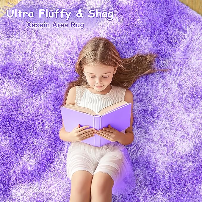 Round Fluffy Rugs 5Ft for Girls Bedroom, Tie-Dyed Purple Shag Circle Kids Rug Non-Slip for Bedside Dorm Nursery Playroom, Soft Cute Area Rugs for Living Room Decor