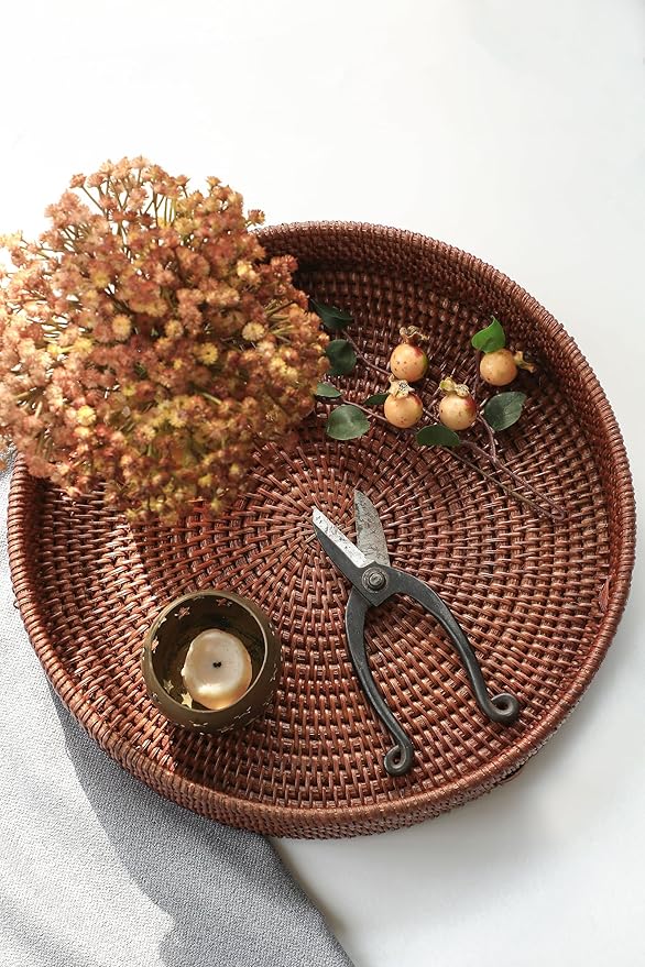 HITOMEN 14.2" Hand-Woven Round Rattan Serving Tray Decorative Ottoman Wicker Platter with Handles for Coffee Table, Breakfast, Drinks, Snack, Bread, Fruit, Vegetables (Brown - L)