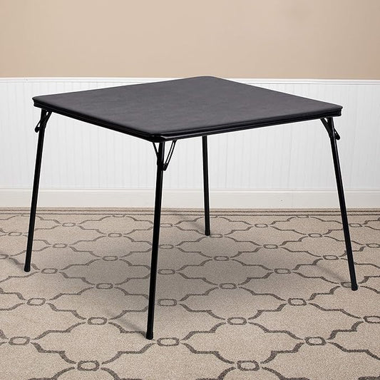 EMMA + OLIVER 33.5" Square Multipurpose Folding Card Table for 4 Players, Portable Square Folding Table with Padded Vinyl Top, Black
