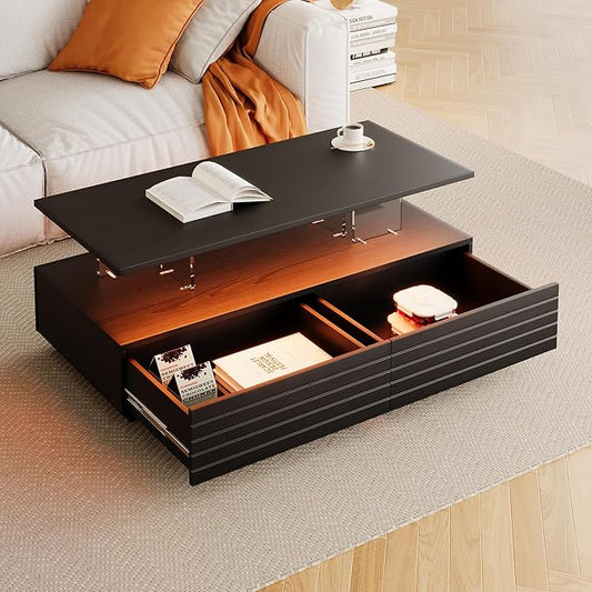 Modern Rectangular LED Coffee Table w/ 2 Storage Drawers, 2-Tier Living Room Center Table w/Adjustable Brightness Multi-Color LED Lights, Cocktail Tea Table w/Open Shelf, Black