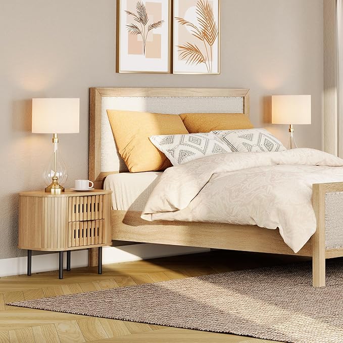 WAMPAT Fluted Nightstand, Modern Wooden End Table with 2 Drawer, Storage Bedside Table for Bedroom and Living Room, Oak