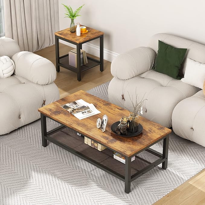 AWQM Coffee Table Industrial Coffee Table with 2 Square End Side Tables, Modern Living Room Table Set with Metal Frame for Apartment Home Office, Rustic Brown Set001