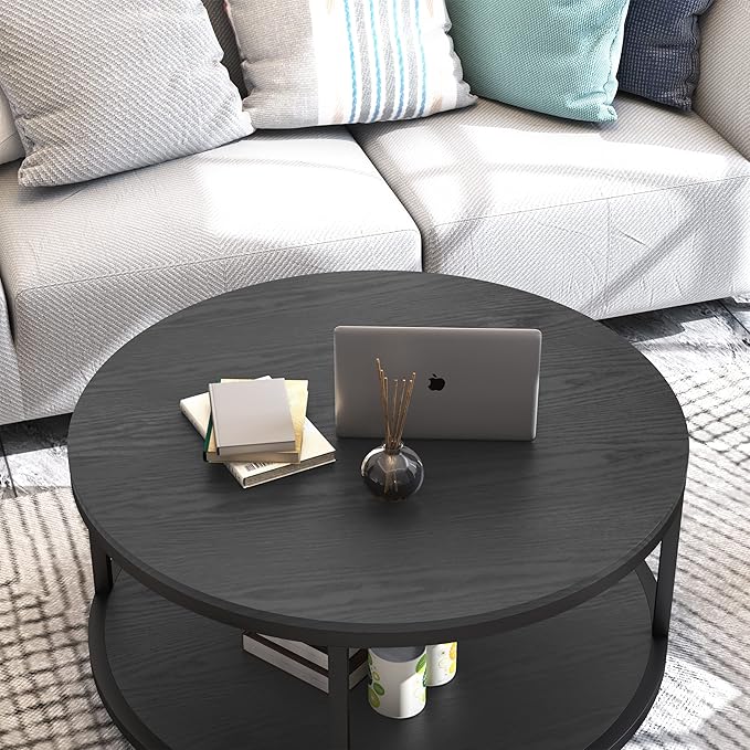 WiberWi Round Coffee Table Black 35.8" Circle Coffee Tables for Living Room Rustic Industrial Design with Sturdy Metal Frame Legs and Open Storage Shelf, Easy Assembly