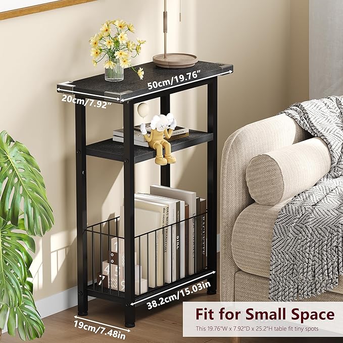 Heybly Small Narrow Side Table for Small Space, Thin Bedside Table with Storage Basket, Skinny End Table, 25.2" Tall Nightstand, Couch Table for Living Room, Bedroom, Study, Kitchen, Black, HET004BK1