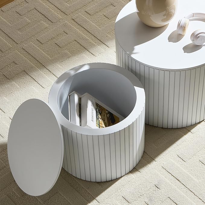 19.17" Nesting Coffee Table with Storage, Wooden Coffee Tables Set of 2, Circle Side Table for Small Spaces, Accent End Table for Living Room, Apartment, Office, Dorm.(White)