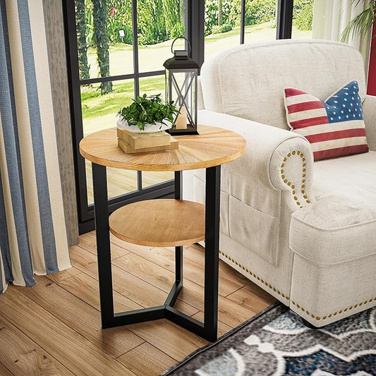 Round End Table with Storage Shelf, 19.29in Circel Accent Side Table with Black Metal Legs, 2-Tier Wood Round Sofa Side Table for Living Room Bedroom, Oak-BZ