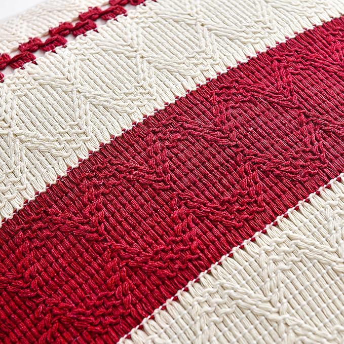 Fancy Homi Set of 2 Boho Red Decorative Throw Pillow Cover 18x18 Inch for Couch Bed Sofa, Aesthetic Modern Organic Farmhouse Home Decor, Soft Cotton Cute Accent Macrame Woven Cushion Case