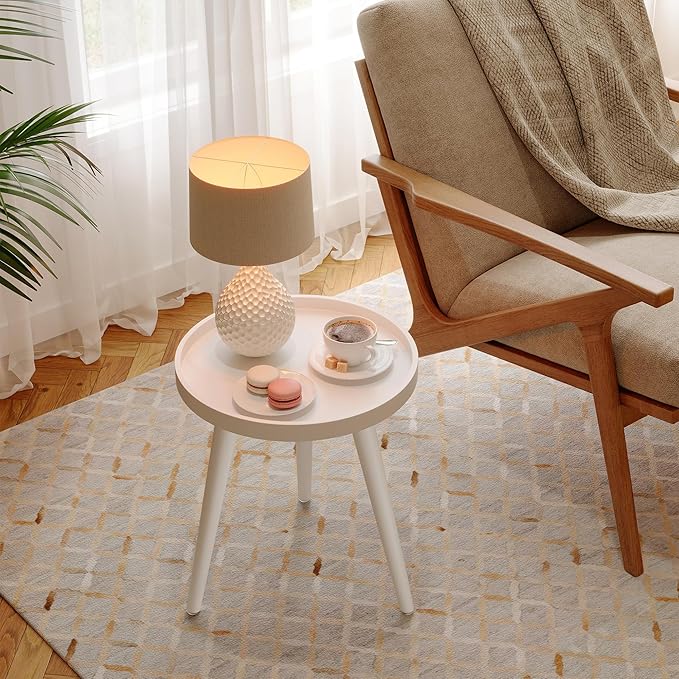 Apicizon Round White Side Table, Tray Nightstand Coffee End Table for Living Room, Bedroom, Small Spaces, Easy Assembly Bedside Table, 15 x 18 Inches