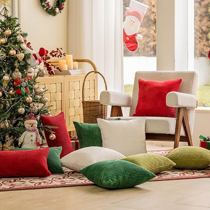 Home Brilliant Red Pillow Covers 12x20 Throw Pillows for Couch Pack of 2 Striped Corduroy Lumbar Rectangle Indoor Pillow Cover Holiday Bench Sofa Couch Christmas, 12 x 20 inch, Red