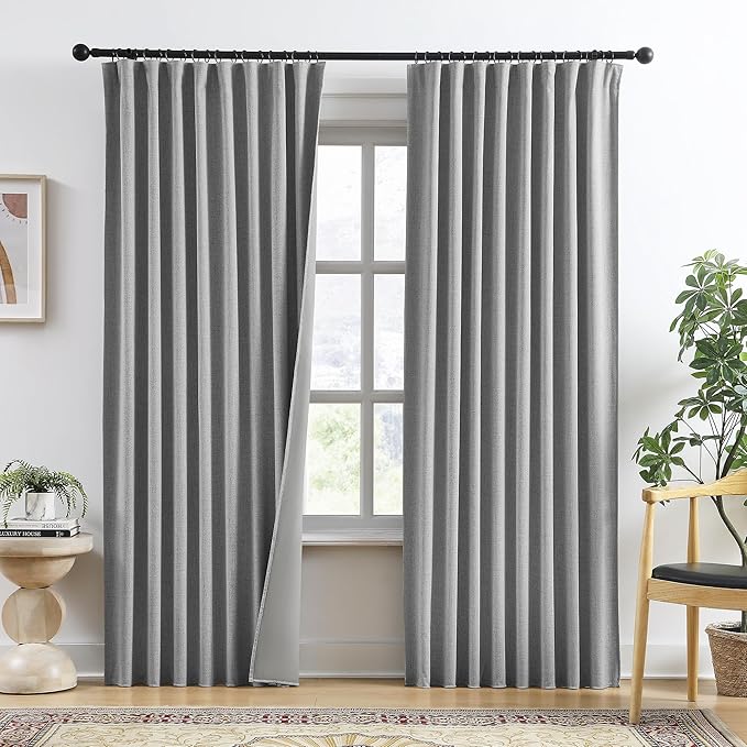RAIN CITY Grey Linen Blackout Curtains 92 Inches Long,100% Light Blocking Textured Curtains for Bedroom Living Room Thermal Back Tab Rod Pocket Curtains 2 Panels with Hooks 50 x 92