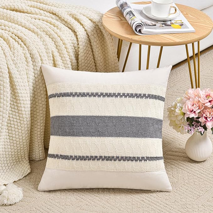 Fancy Homi Set of 2 Neutral Grey Farmhouse Big Decorative Throw Pillow Covers 24x24 Inch for Couch Bed Chair, Vintage Country Rustic Retro Room Decor, Soft Thick Cotton Handmade Woven Cushion Case