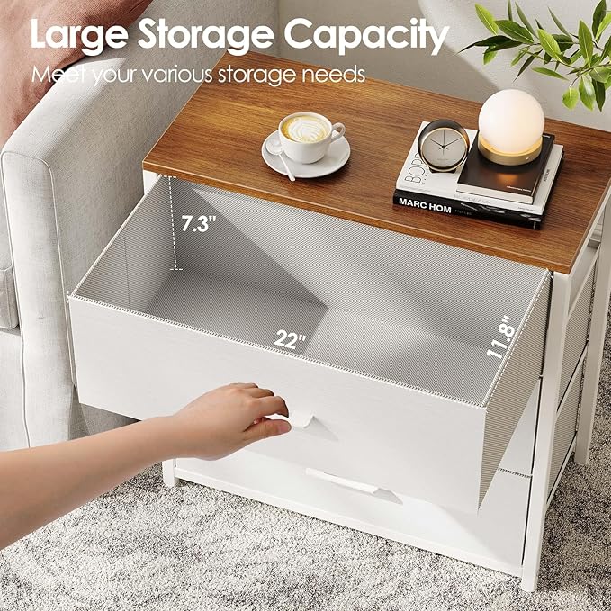 Nightstand,Farmhouse Night stand with 3 Storage Drawer,Small Dresser for Bedroom,Chest of Drawers Fabric Dressers with Steel Frame,Wooden Top Front Bedside Table for Small Space,White+walnut