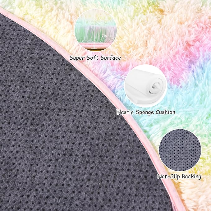 Round Fluffy Rugs 6Ft for Girls Bedroom, Rainbow Shag Circle Kids Rug Non-Slip for Bedside Dorm Nursery Playroom, Soft Cute Area Rugs for Living Room Decor