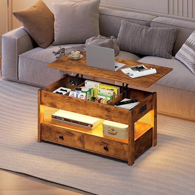 WLIVE Coffee Table, Lift Top Coffee Table with 2 Drawers, LED Light, Large Hidden Compartment and Open Shelf, Lift Tabletop, Dining Table for Living Room, Rustic Brown
