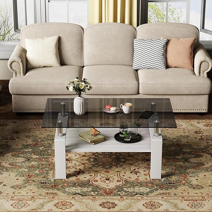 Modern 2-Tier Coffee Table with Tempered Glass Top, MDF Shelf & Metal Legs, Rectangular Living Room Center Table, Sturdy & Stylish Table for Small Spaces, Lounge or Office