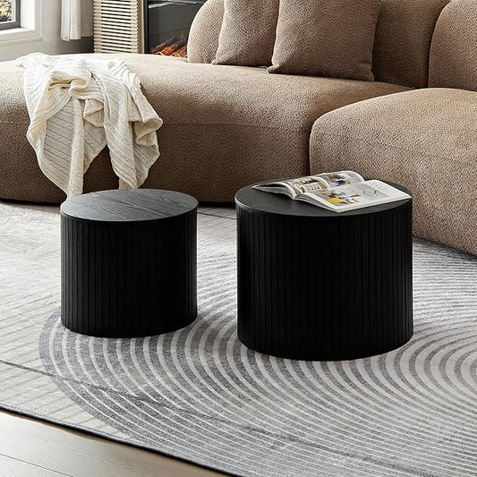 Small Nesting Round Coffee Table Set of 2, Modern Wooden Circle Accent End Side Table for Living Room, Bedroom, No Assembly Required, Black