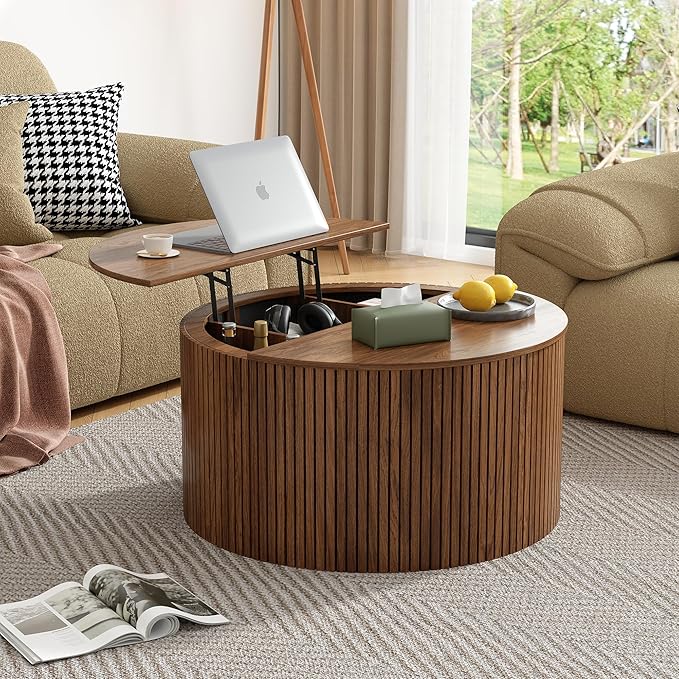 Mid Century Round Fluted Lift Top Coffee Table, Modern Center Table with Storage and Compartment, 2 Tier Small Circle Dining Table, for Living Room, Home Small Space, Walnut Oak