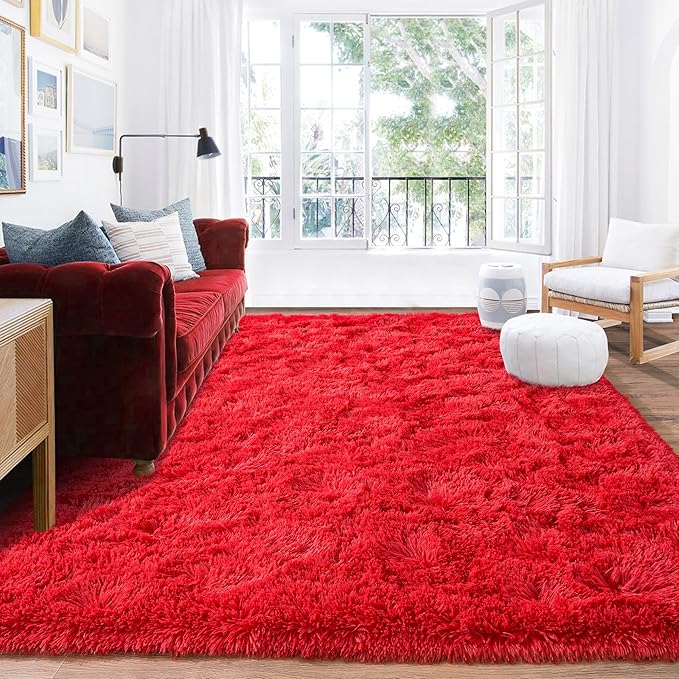 Rugs for Living Room 9x12, Soft Shaggy Modern Shag Area Rug for Bedroom, Upgrade Non-Slip Plush Fluffy Carpet for Kids Boys Girls Room Home Decor Aesthetic, Red