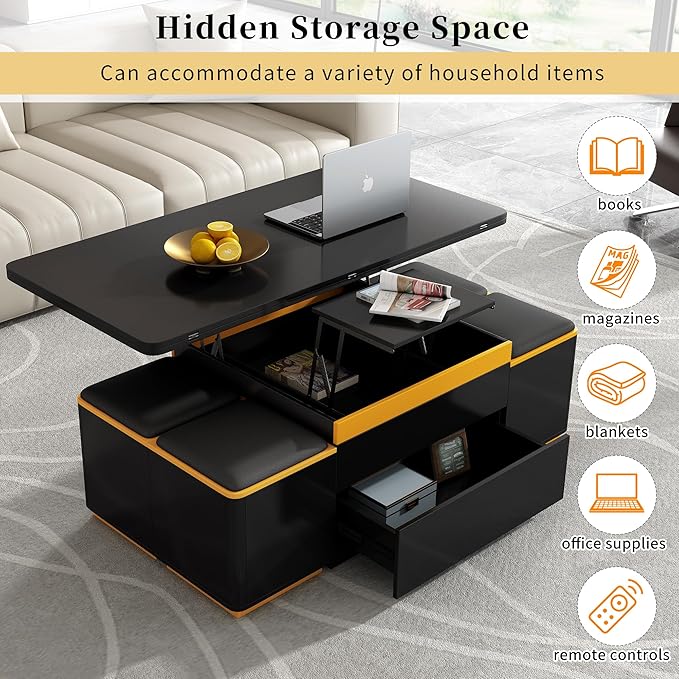 Lift Top Coffee Table with 4 Storage Stools and Foldable Top, Modern 47.2'' Rectangular Multi-Functional Adjustable Dining Table Task Table with Hidden Compartment for Living Room,Black