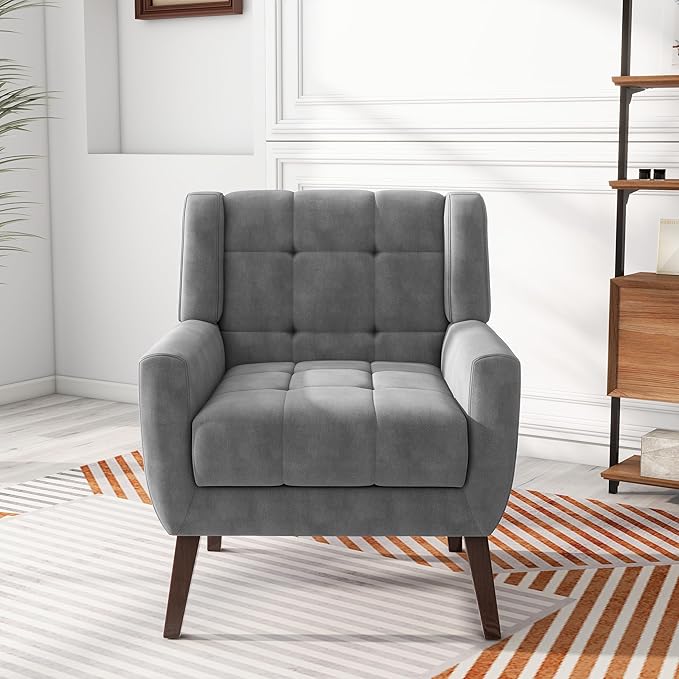 2 Pack Mid Century Modern Accent Chairs, Button Tufted Velvet Upholstered Armchairs with Arms - Matching Set for Living Room, Comfortable Sofa Chairs for Bedroom & Home Office, Compact, Gray