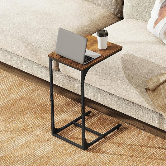 WLIVE C Shaped End Table, Small Couch Side Tables with Metal Frame That Slide Under, Sofa Table TV Tray for Living Room, Bedroom, Rustic Brown