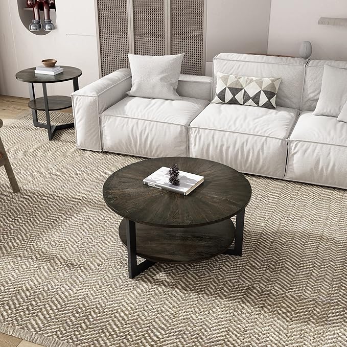 Round Coffee Table with Storage Shelf, 33.5in Circle Accent Center Table with Black Metal Legs, 2-Tier Industrial Cocktail Table for Living Room, Black-1338BK