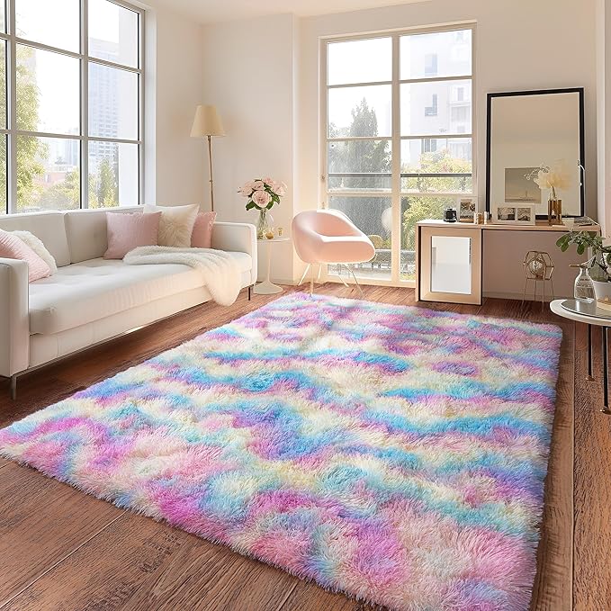 Rainbow Rug for Girls Bedroom, 5x7 Area Rug for Cute Girls Room, Bedside Indoor Floor Fluffy Shag Carpet, Plush Soft Rug for Living Room Nursery Dorm Home Decor