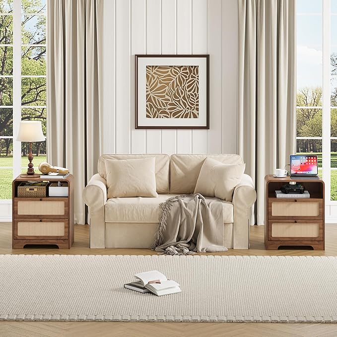 Set of 2 Night Stand with Charging Station, 19.7" Wooden Side Table Curved Nightstands with 2 Drawers & USB/Type-C Ports, Mid Century Modern End Table for Living Room, Bedroom, Nature Linen, Walnut