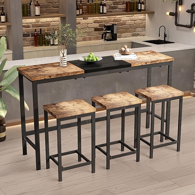 Merax 4 Piece Block-Color Pub Dining Table Set,Modern Bar Table Set with 60.24 Long Dining Table w/Hanging Stool Design and 3 Stools,for Breakfast Nook Living Room Small Space Restaurant,Natural+Black