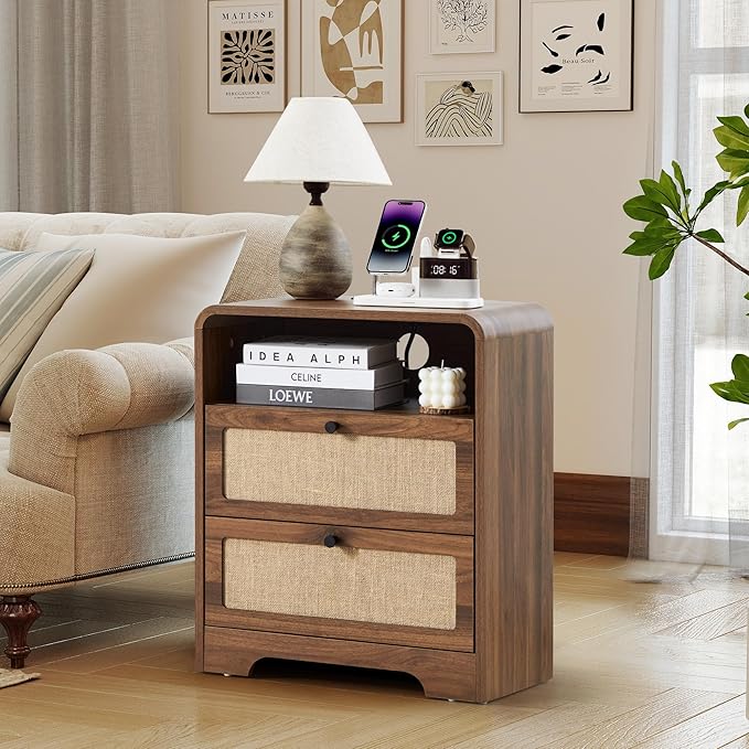 Set of 2 Night Stand with Charging Station, 19.7" Wooden Side Table Curved Nightstands with 2 Drawers & USB/Type-C Ports, Mid Century Modern End Table for Living Room, Bedroom, Nature Linen, Walnut