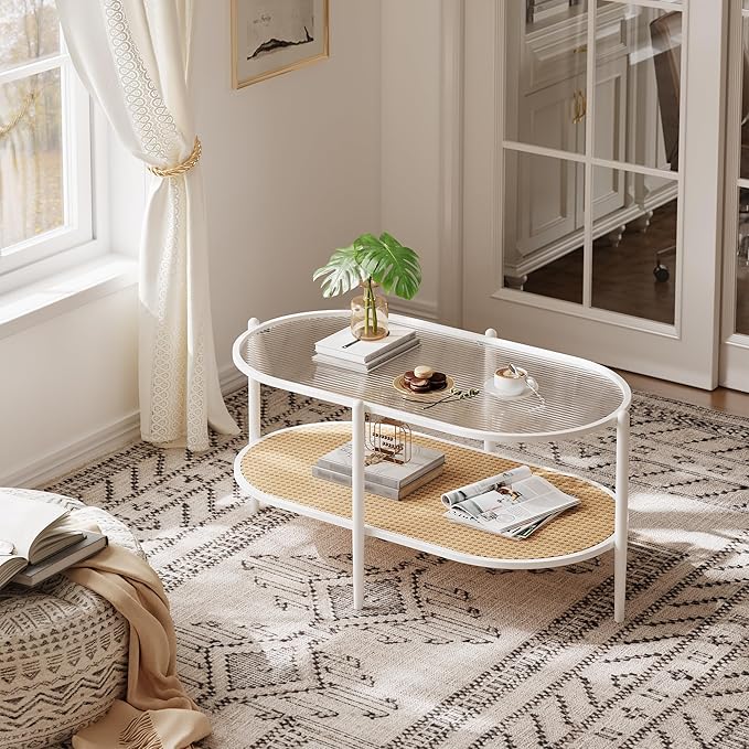 Boho Rattan Coffee Table with Glass Top, 2-Tier Oval Center Table with Metal Frame & Storage Shelf, Rustic Farmhouse Living Room Accent Tea Table for Apartment, Bedroom, Office White