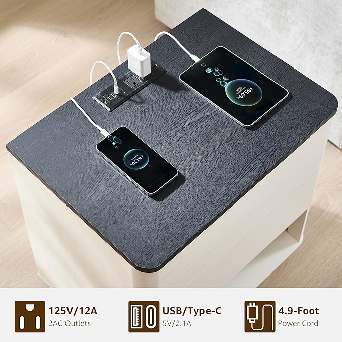 ACCOHOHO Nightstand Set of 2 with Charging Station, 22" Large Modern Bedside Table with 2 Drawers Storage,Push-to-Open End Table for Bedroom,Living Room,Off White