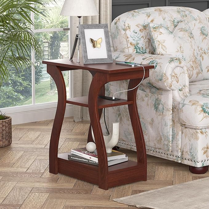End Table with Charging Station, Side Table with USB Ports and Outlets, 3 Tier Nightstand Sofa Table for Small Spaces, Beside Table with Storage Shelf for Living Room, Bedroom