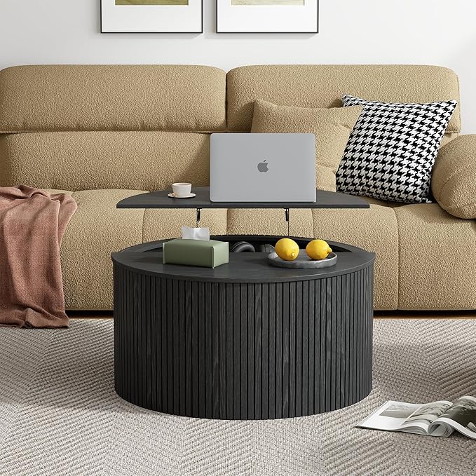 Round Fluted Lift Top Coffee Table, Mid Century Modern Center Table with Storage and Compartment, 2 Tier Small Circle Dining Table, for Living Room, Home Small Space, Black