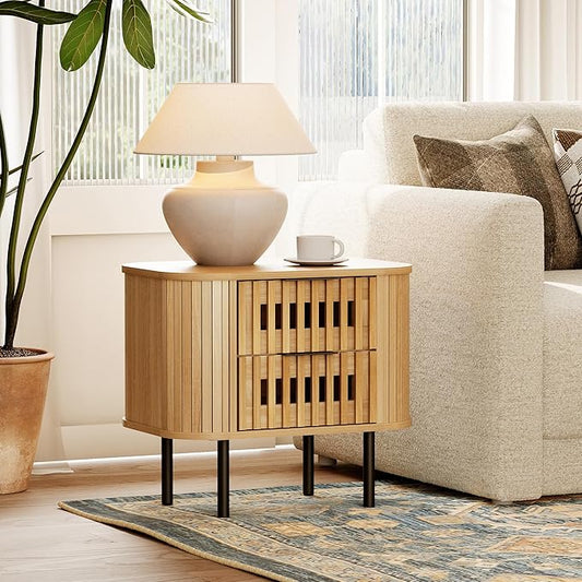 WAMPAT Fluted Nightstand, Modern Wooden End Table with 2 Drawer, Storage Bedside Table for Bedroom and Living Room, Oak