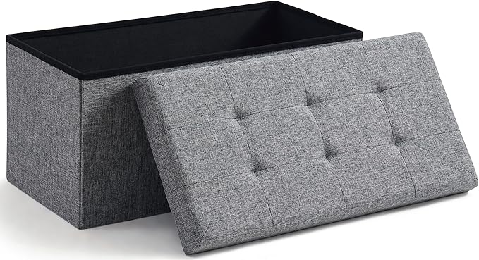 Ornavo Home Foldable Tufted Linen Large Storage Ottoman Bench Foot Rest Stool/Seat - 15" x 30" x 15" (Grey)
