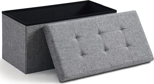 Ornavo Home Foldable Tufted Linen Large Storage Ottoman Bench Foot Rest Stool/Seat - 15" x 30" x 15" (Grey)