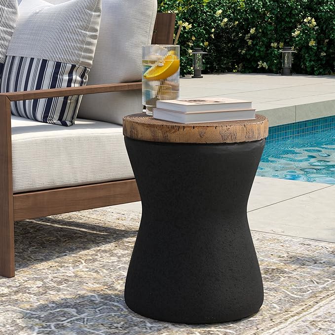 SUNBURY Outdoor Accent Table, 13" W Hourglass Shaped Outdoor Side Table for Patio, Concrete Garden Stool End Table Set of 2, Morden Concrete Side Table Wooden-Look Top for Garden, Backyard