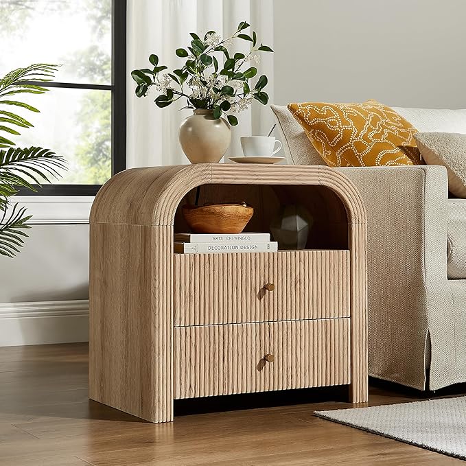 T4TREAM Fluted Nightstand with Charging Station, 24" Large 2 Drawers Bedside Table, Modern End Table with Storage Night Stand for Bedroom, Living Room, Round Curved Corner Design, Natural Oak