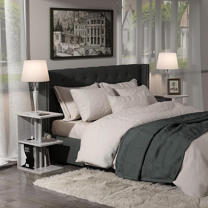 1 Pack Night Stand with Charging Station, Small Side Table for Couch, USB Ports and Outlet, End Table with 3-Layer Storage Shelves for Small Spaces, Living Room, Bedroom, Bedside (Gray)