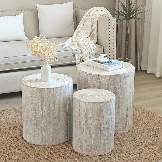 Nesting Coffee Table Set of 3, Modern Round Wooden Circle Accent Coffee Tables for Small Spaces Living Room Bedroom Balcony Office Drum Side Table