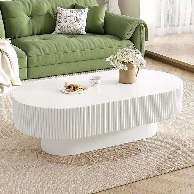 43.3" Oval Fluted Coffee Table, Modern Wood Pedestal Coffee Table, White Fluted Tea Center Table with Thick Tabletop & Sturdy Pedestal for Living Room Apartment- Easy Assembly
